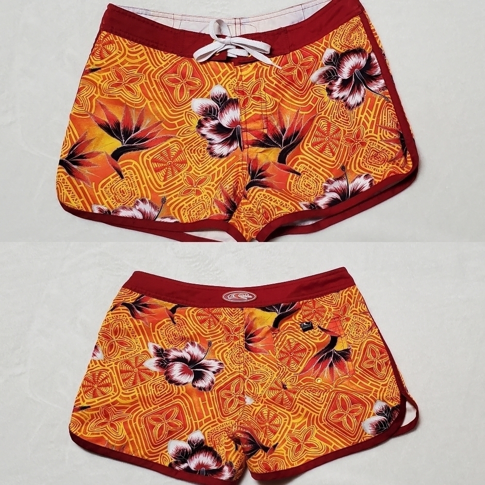 O'Niell Vintage 90s Orange Tropical Floral Shorty Shorts Swim Trunks Boardshorts
